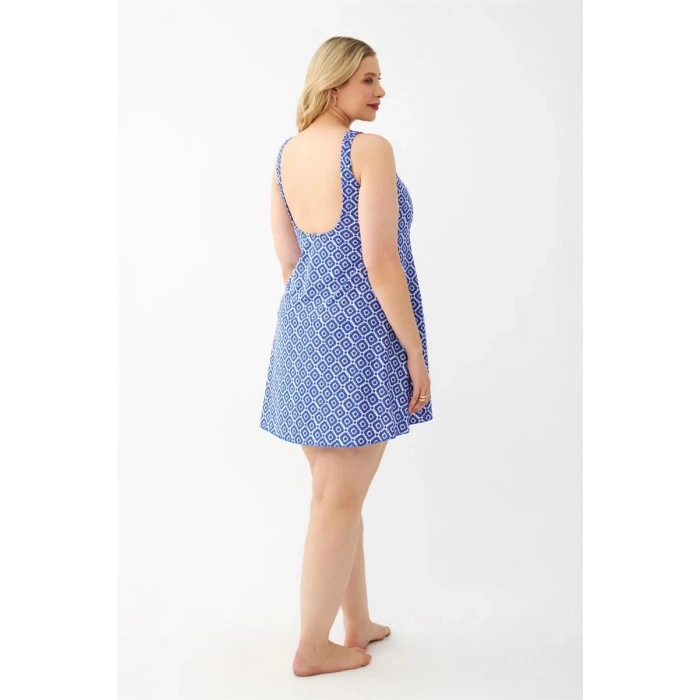 MİRAY- Kadın Mavi Desenli Büyük Beden Elbise Mayo