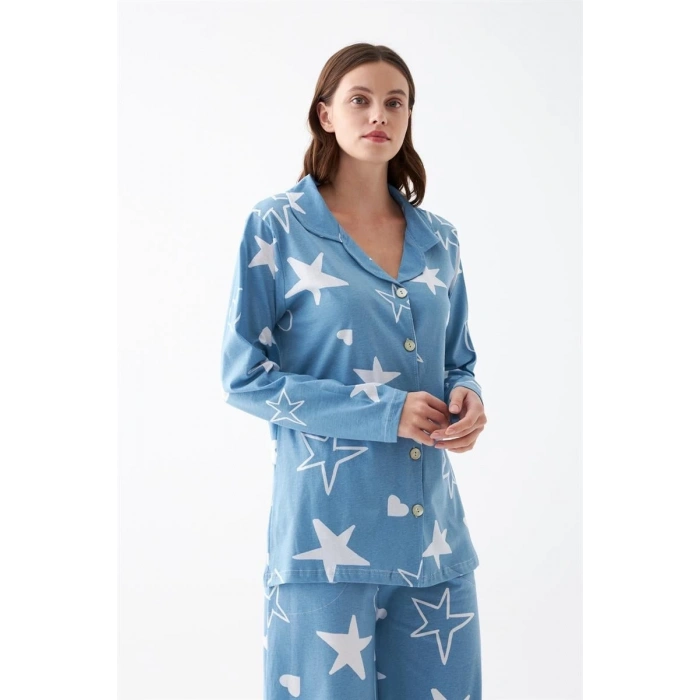 MİRAY- Kadın Mavi Yıldız Desenli Düğmeli Pamuklu Pijama Takımı