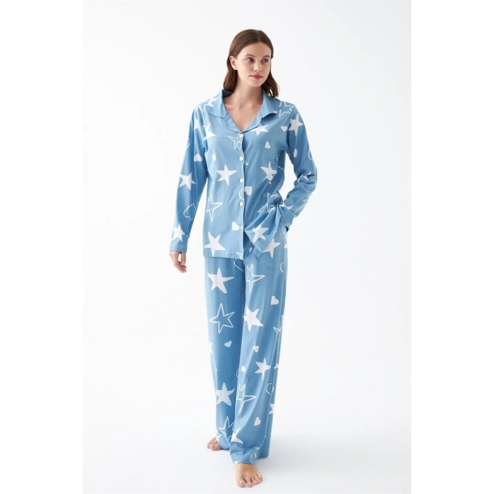 MİRAY- Kadın Mavi Yıldız Desenli Düğmeli Pamuklu Pijama Takımı