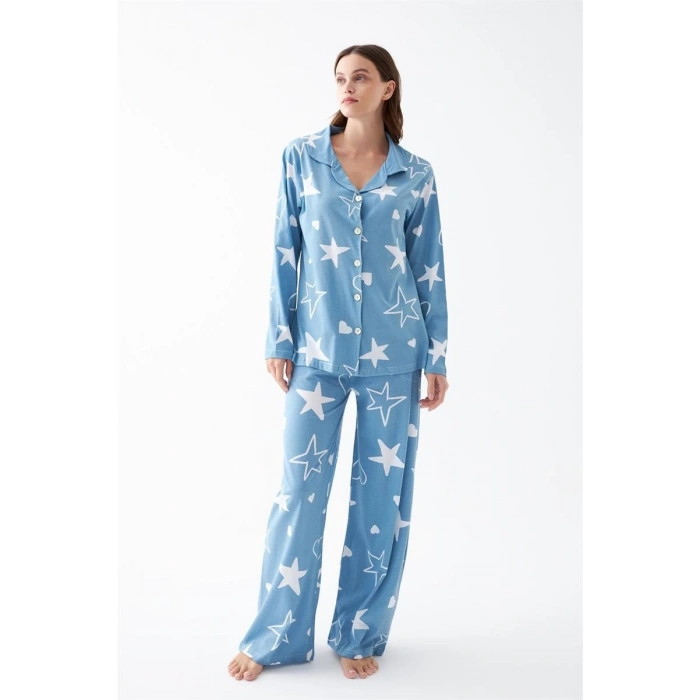 MİRAY- Kadın Mavi Yıldız Desenli Düğmeli Pamuklu Pijama Takımı