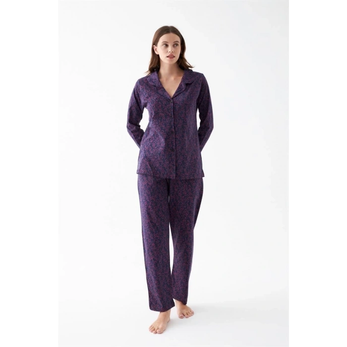 MİRAY- Kadın Mor Düğmeli Yaka Detaylı Desenli Pamuklu Pijama Takımı