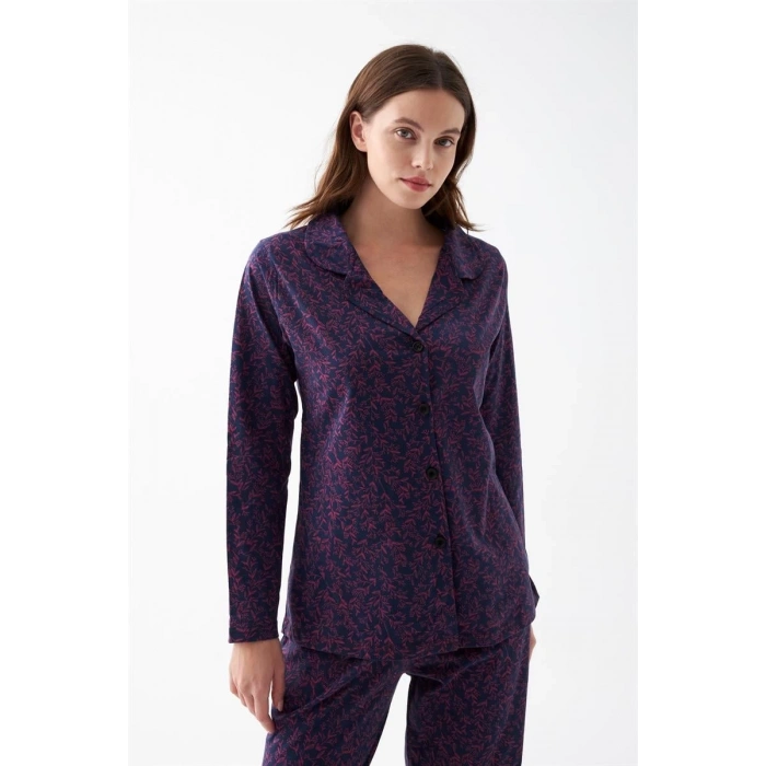 MİRAY- Kadın Mor Düğmeli Yaka Detaylı Desenli Pamuklu Pijama Takımı