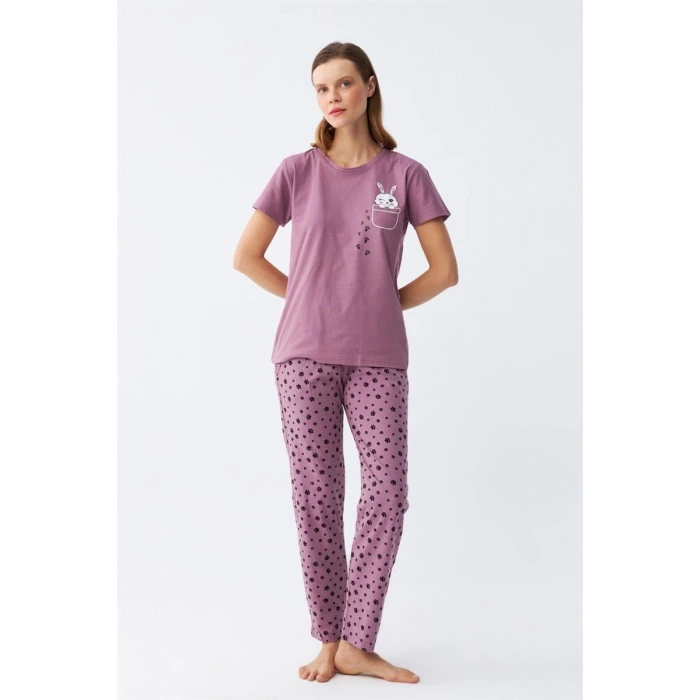 MİRAY- Kadın Mor Patili Tavşan Baskılı Cepli Pijama Takımı