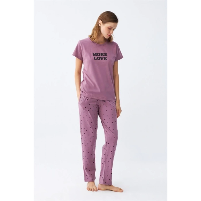 MİRAY- Kadın Mor Yıldız Desenli Penye Kısa Kol Pijama Takımı