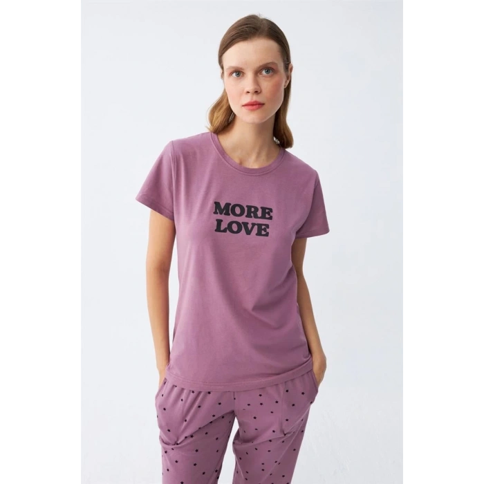 MİRAY- Kadın Mor Yıldız Desenli Penye Kısa Kol Pijama Takımı