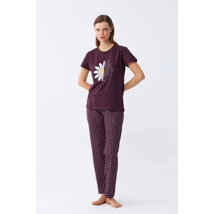 MİRAY- Kadın Mürdüm Papatya Baskılı Kısa Kollu Penye Pijama Takımı