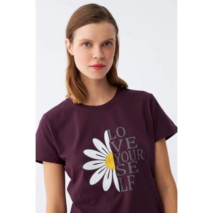 MİRAY- Kadın Mürdüm Papatya Baskılı Kısa Kollu Penye Pijama Takımı