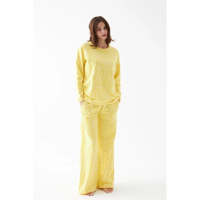 MİRAY- Kadın Oversize Sarı Desenli Pamuklu Kalın Pijama Takımı