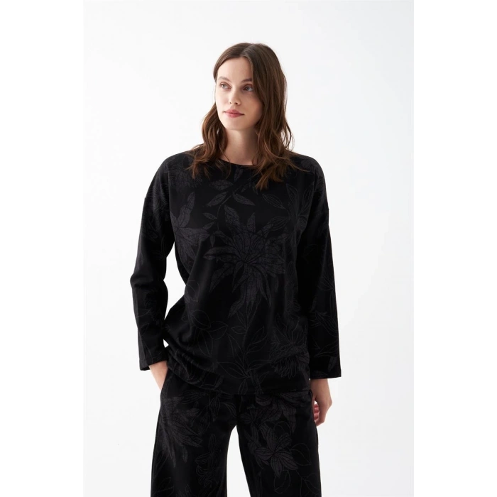 MİRAY- Kadın Oversize Siyah Çiçek Desenli Pamuklu Kalın Pijama Takımı