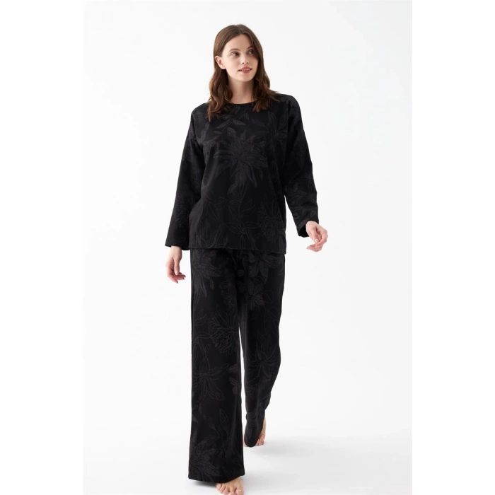 MİRAY- Kadın Oversize Siyah Çiçek Desenli Pamuklu Kalın Pijama Takımı