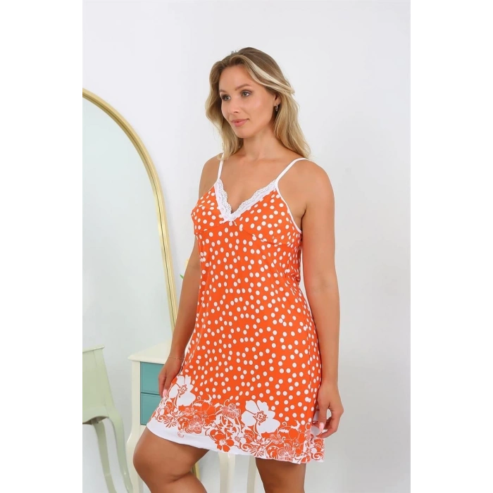 MİRAY- Kadın Pamuk Büyük Beden İp Askılı Desenli Gecelik Turuncu