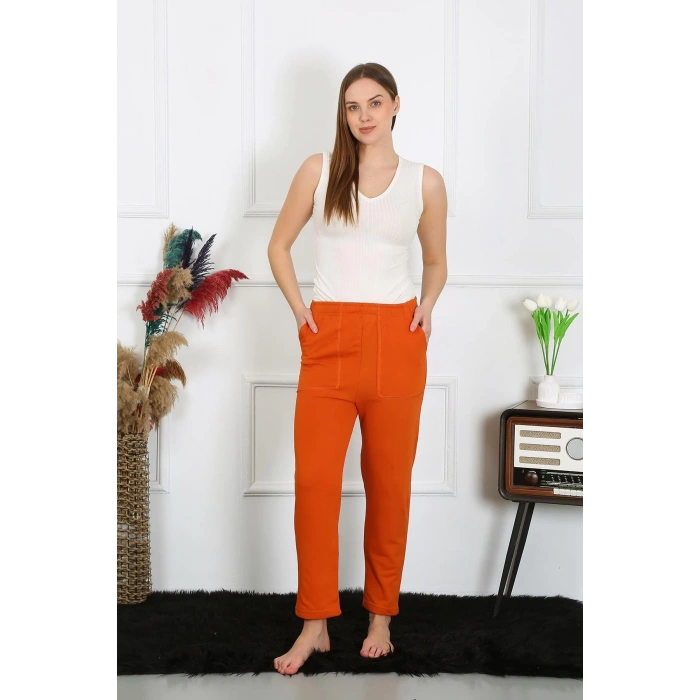 MİRAY- Kadın Pamuk Cepli 3 İplik Alt Eşofman Kiremit