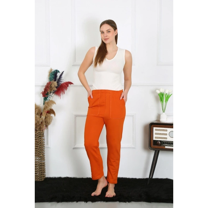 MİRAY- Kadın Pamuk Cepli 3 İplik Alt Eşofman Kiremit