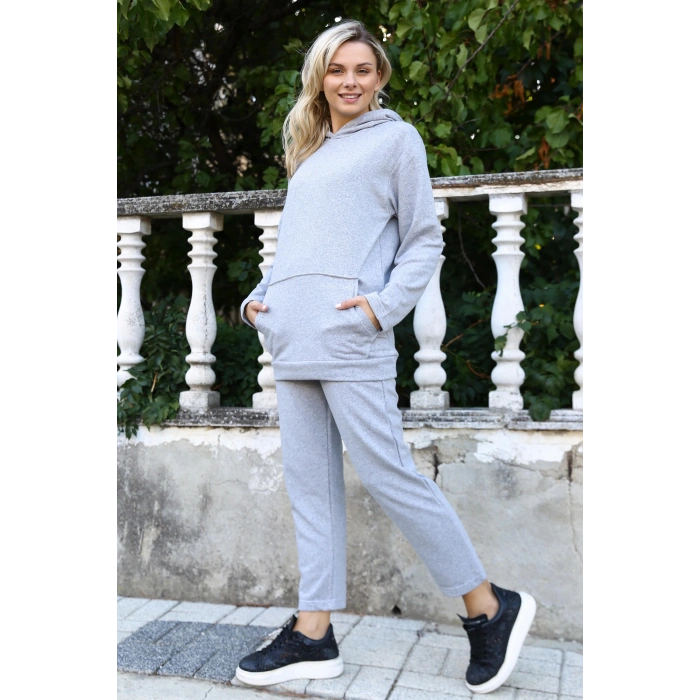 MİRAY- Kadın Pamuk Kapşonlu Cepli 3 İplik Gri Eşofman Takım