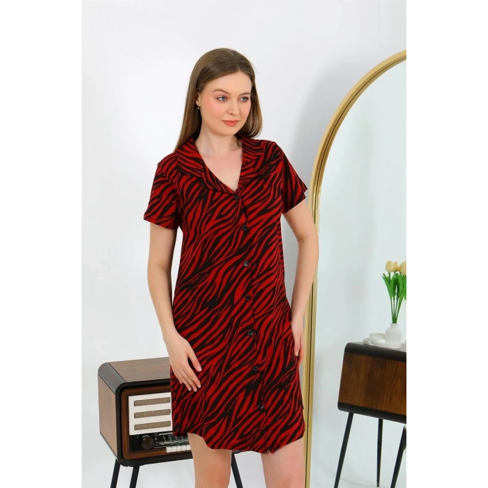 MİRAY- Kadın Pamuk Penye Kısa Kol Düğmeli Bordo Tunik Gecelik