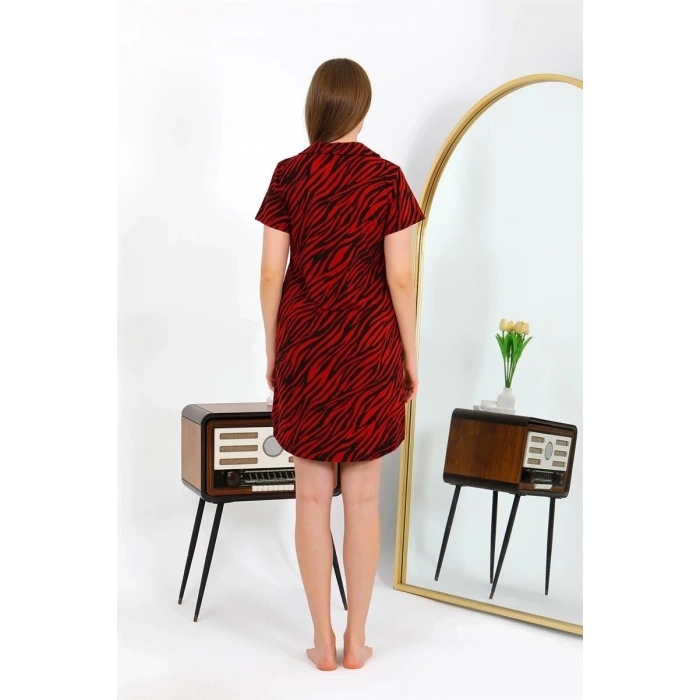 MİRAY- Kadın Pamuk Penye Kısa Kol Düğmeli Bordo Tunik Gecelik