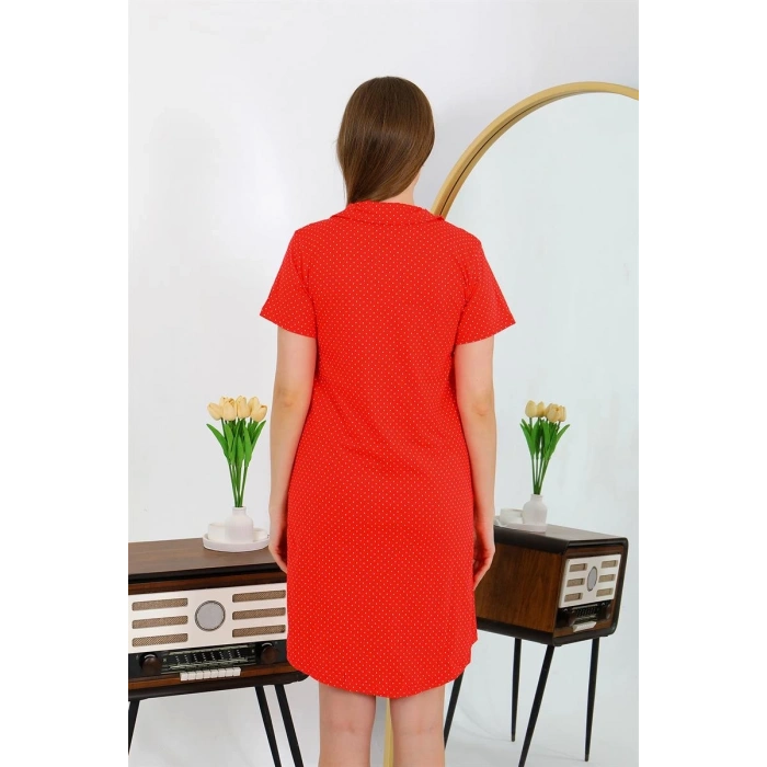 MİRAY- Kadın Pamuk Penye Kısa Kol Düğmeli Kırmızı Tunik Gecelik