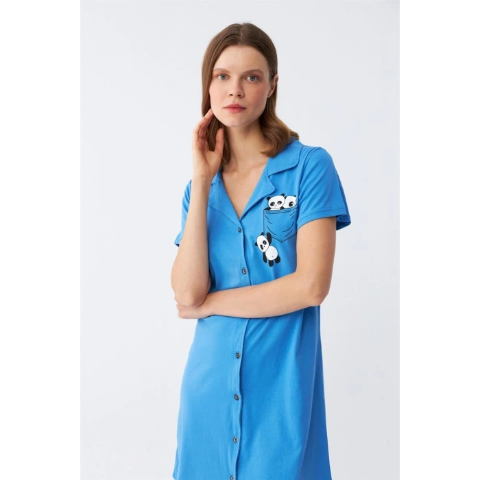 MİRAY- Kadın Pamuk Penye Kısa Kol Düğmeli Mavi Tunik Gecelik