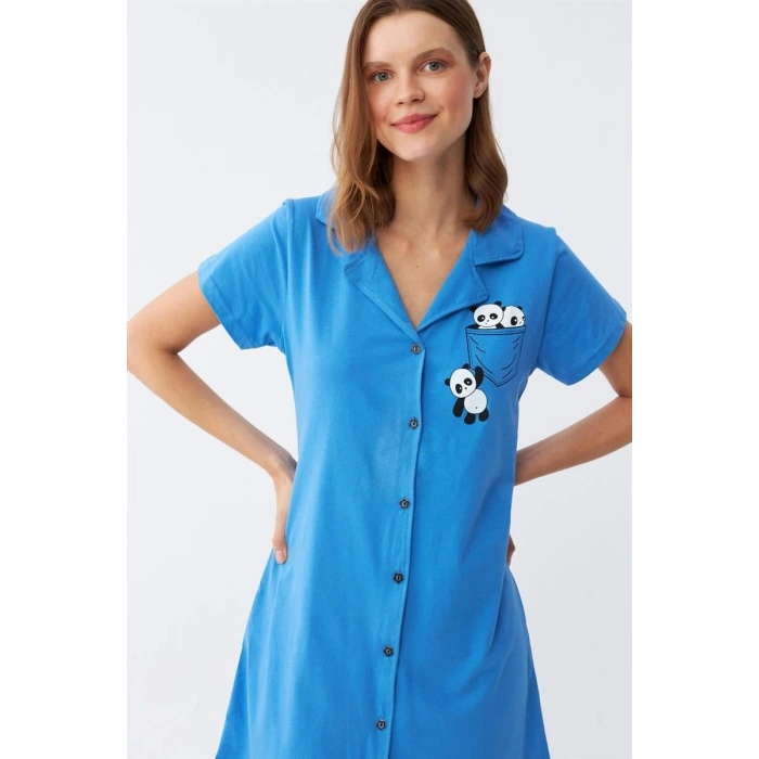 MİRAY- Kadın Pamuk Penye Kısa Kol Düğmeli Mavi Tunik Gecelik