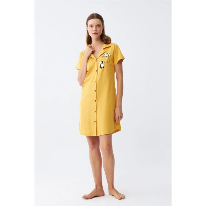 MİRAY- Kadın Pamuk Penye Kısa Kol Düğmeli Sarı Tunik Gecelik