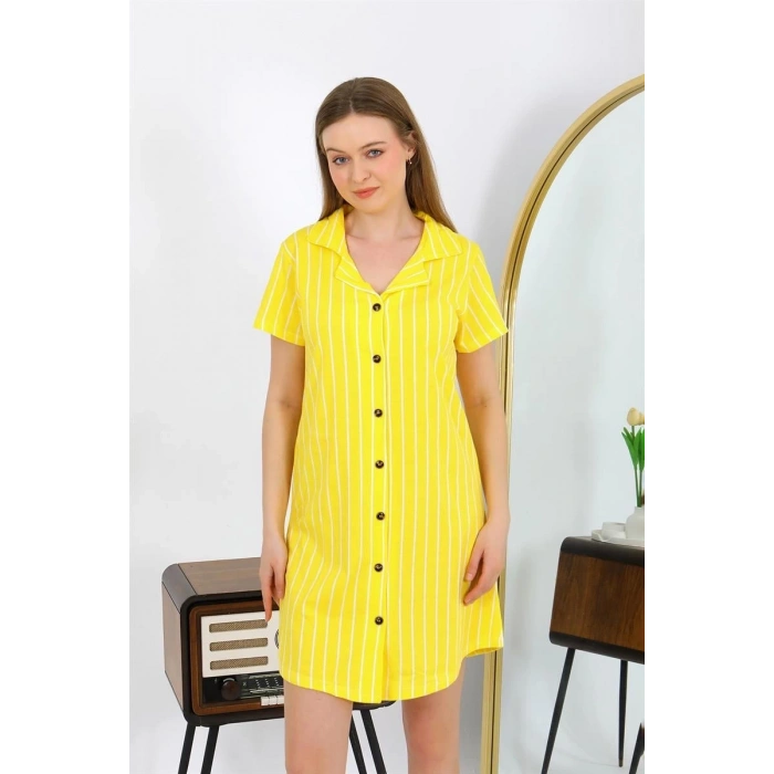 MİRAY- Kadın Pamuk Penye Kısa Kol Düğmeli Sarı Tunik Gecelik