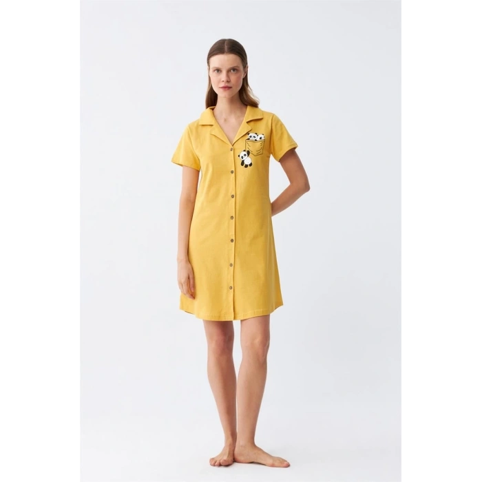 MİRAY- Kadın Pamuk Penye Kısa Kol Düğmeli Sarı Tunik Gecelik