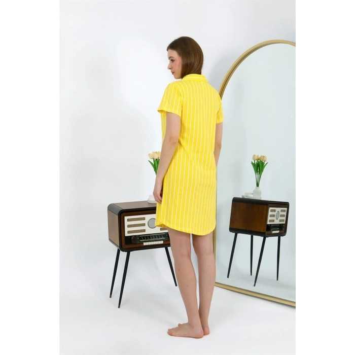 MİRAY- Kadın Pamuk Penye Kısa Kol Düğmeli Sarı Tunik Gecelik