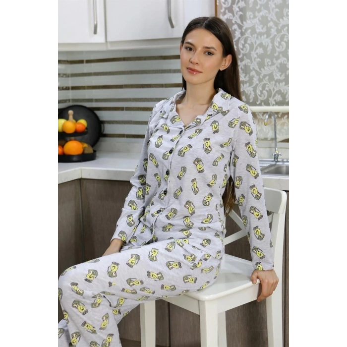 MİRAY- Kadın Pamuk Penye Önden Düğmeli Uzun Kol Pijama Takım Gri