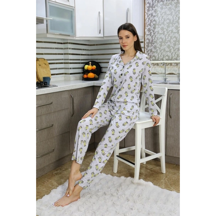 MİRAY- Kadın Pamuk Penye Önden Düğmeli Uzun Kol Pijama Takım Gri