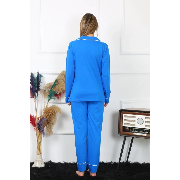 MİRAY- Kadın Pamuk Penye Önden Düğmeli Uzun Kol Saks Pijama Takım