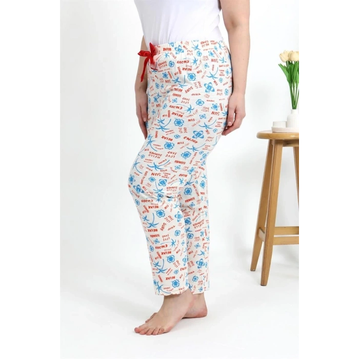 MİRAY- Kadın Pamuklu Büyük Beden Alt Pijama Ekru