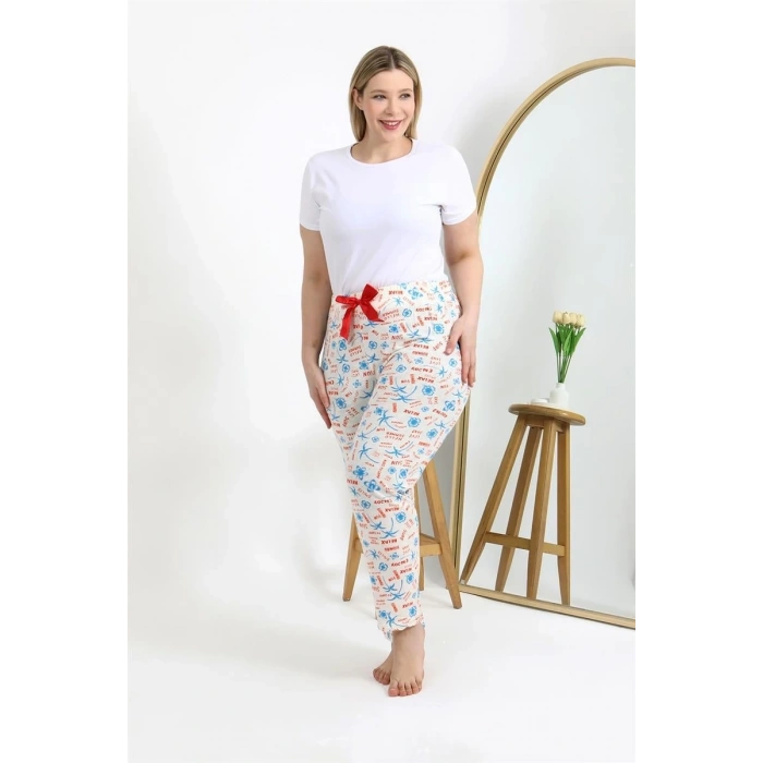 MİRAY- Kadın Pamuklu Büyük Beden Alt Pijama Ekru