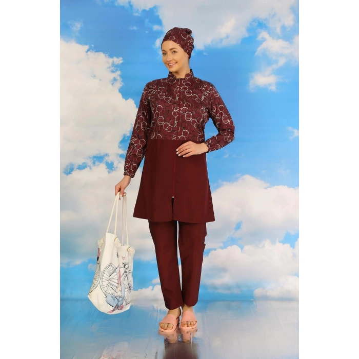 MİRAY- Kadın Pantolonlu Desenli Tam Tesettür Mayo Bordo