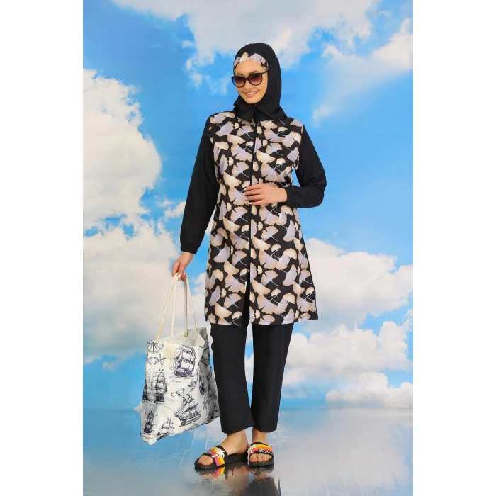 MİRAY- Kadın Pantolonlu Desenli Tam Tesettür Mayo Lacivert