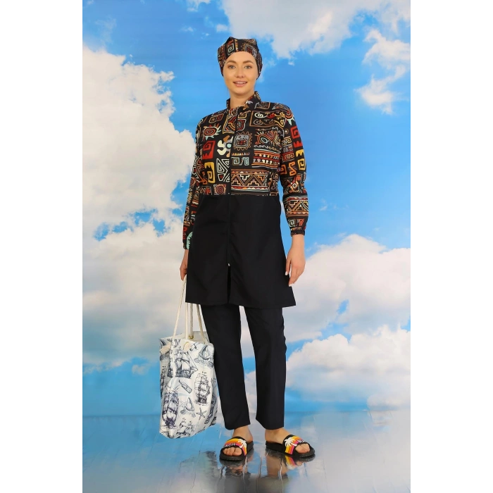 MİRAY- Kadın Pantolonlu Desenli Tam Tesettür Mayo Lacivert