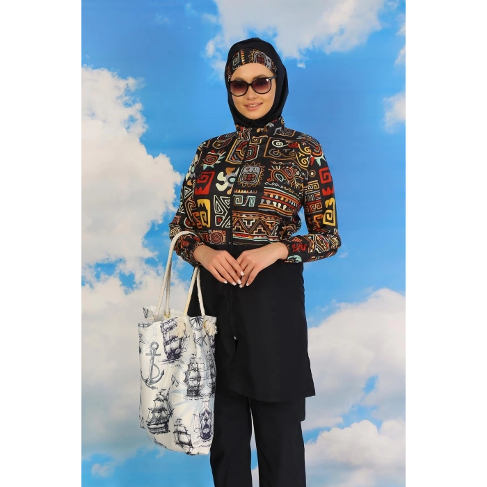 MİRAY- Kadın Pantolonlu Desenli Tam Tesettür Mayo Lacivert