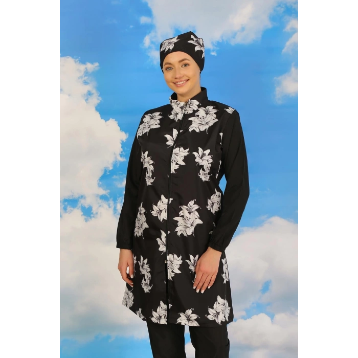 MİRAY- Kadın Pantolonlu Desenli Tam Tesettür Mayo Siyah