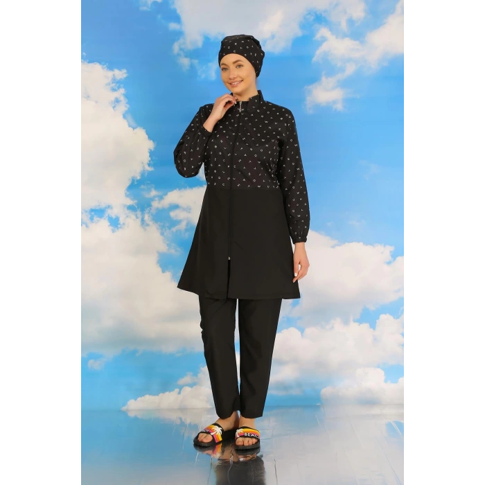 MİRAY- Kadın Pantolonlu Desenli Tam Tesettür Mayo Siyah