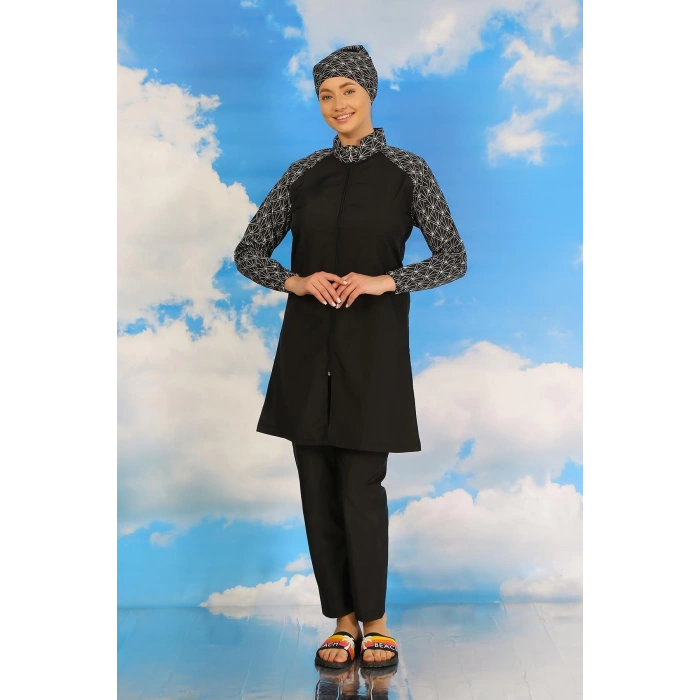 MİRAY- Kadın Pantolonlu Desenli Tam Tesettür Mayo Siyah