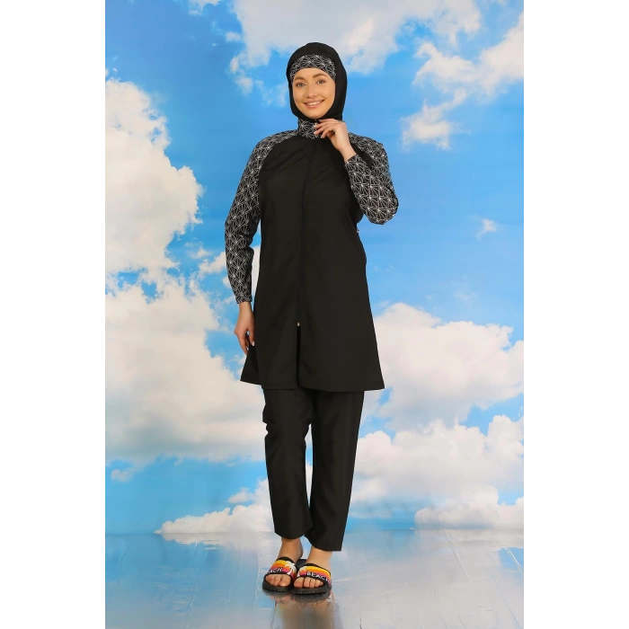 MİRAY- Kadın Pantolonlu Desenli Tam Tesettür Mayo Siyah