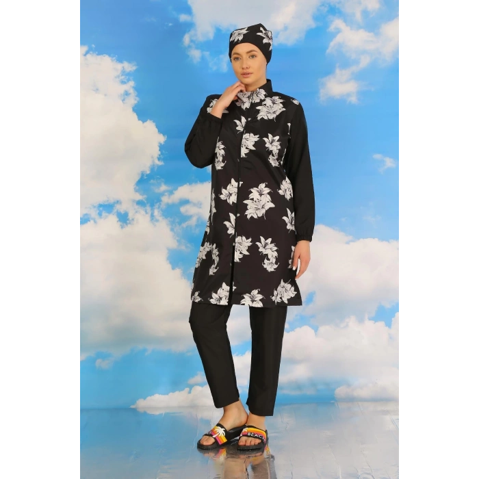MİRAY- Kadın Pantolonlu Desenli Tam Tesettür Mayo Siyah