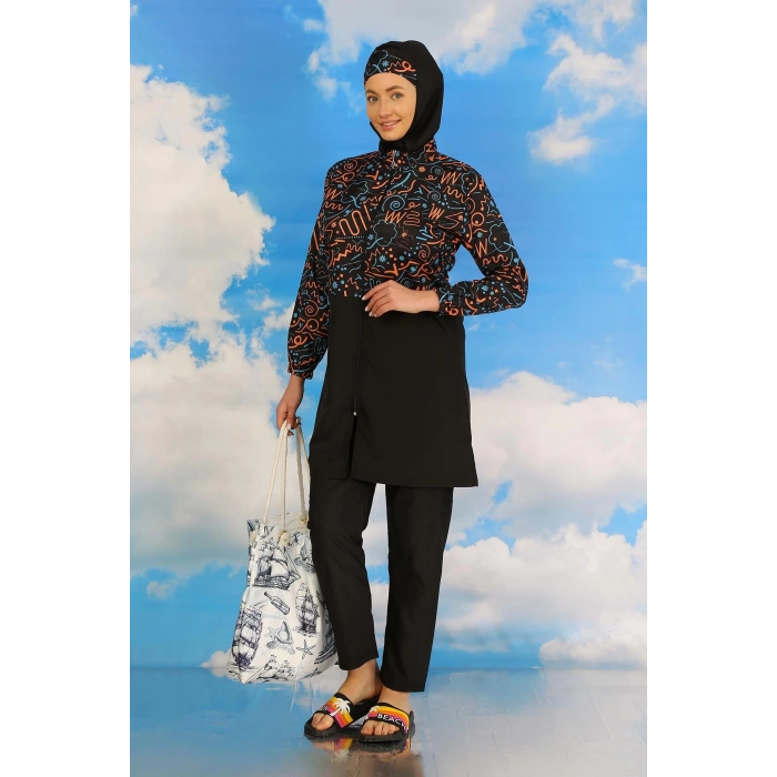 MİRAY- Kadın Pantolonlu Desenli Tam Tesettür Mayo Siyah