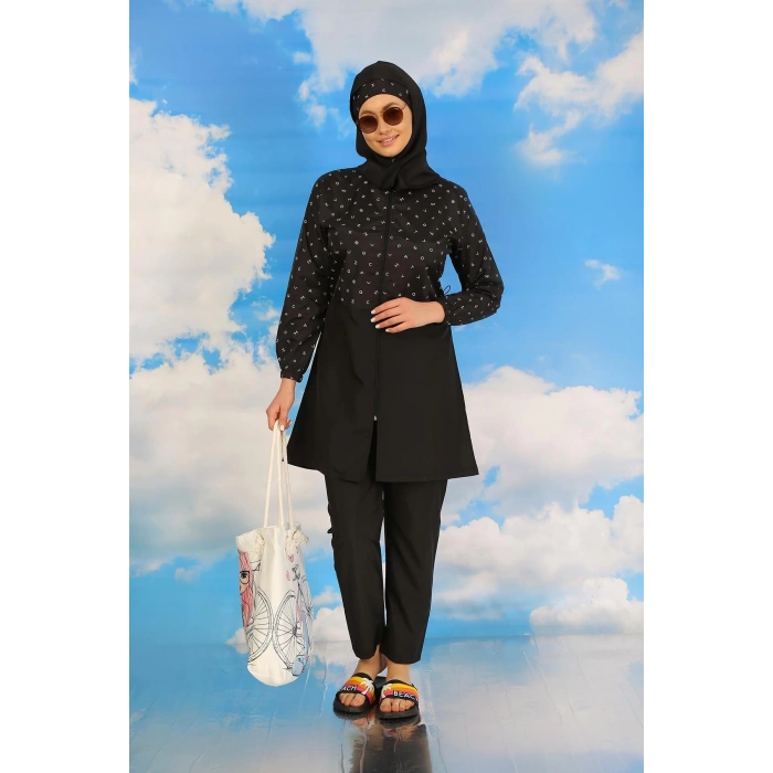 MİRAY- Kadın Pantolonlu Desenli Tam Tesettür Mayo Siyah