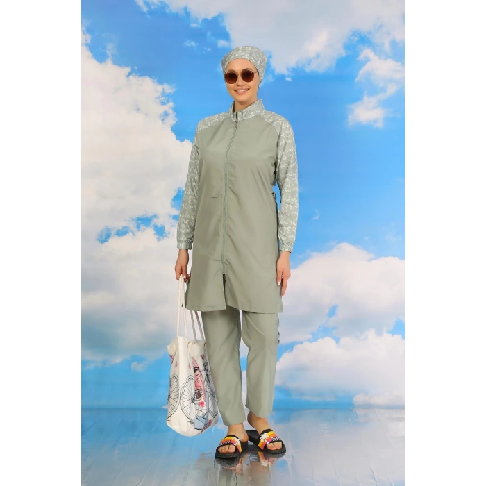 MİRAY- Kadın Pantolonlu Desenli Tam Tesettür Mayo Su Yeşili
