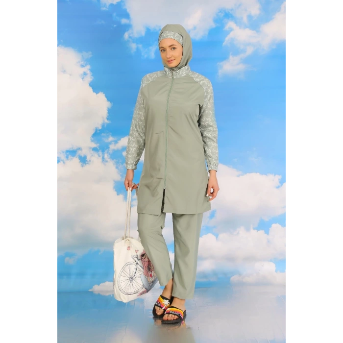 MİRAY- Kadın Pantolonlu Desenli Tam Tesettür Mayo Su Yeşili
