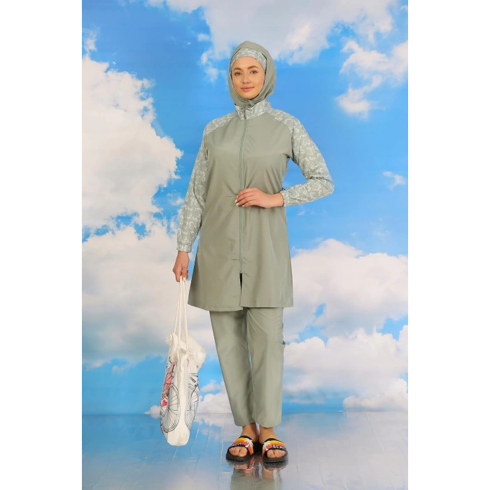 MİRAY- Kadın Pantolonlu Desenli Tam Tesettür Mayo Su Yeşili