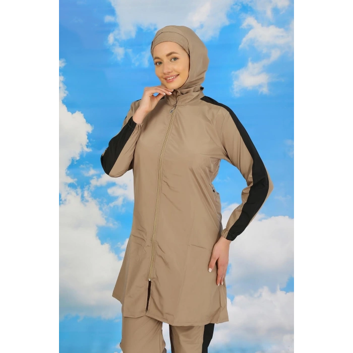 MİRAY- Kadın Pantolonlu Kolu Şeritli Tam Tesettür Mayo Bej