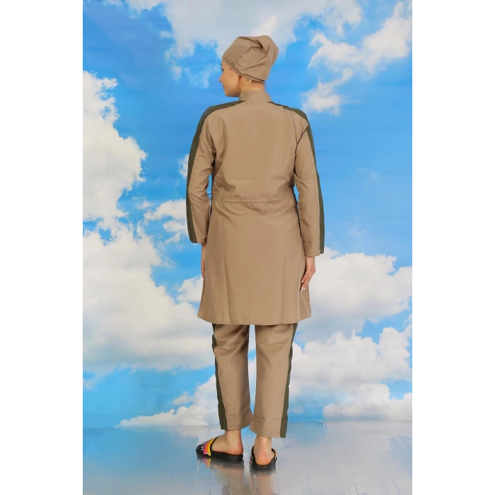 MİRAY- Kadın Pantolonlu Kolu Şeritli Tam Tesettür Mayo Bej