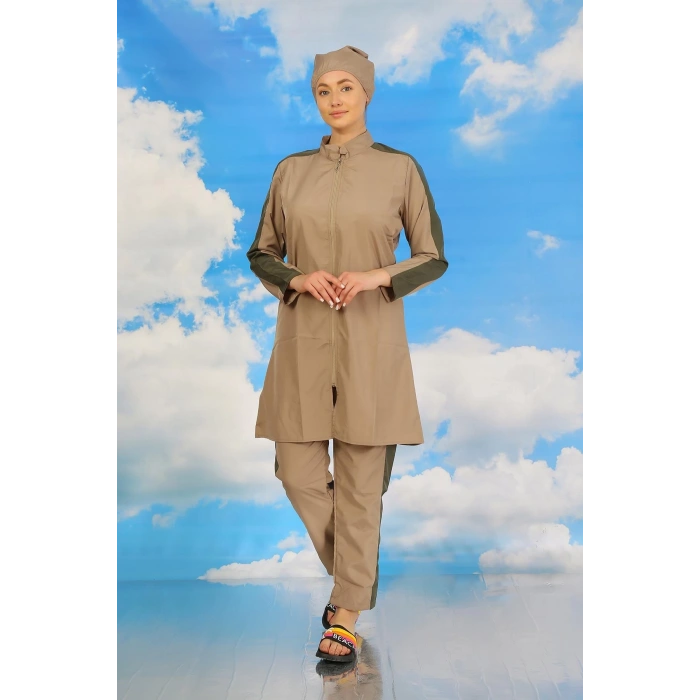 MİRAY- Kadın Pantolonlu Kolu Şeritli Tam Tesettür Mayo Bej