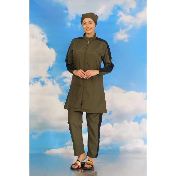 MİRAY- Kadın Pantolonlu Kolu Şeritli Tam Tesettür Mayo Haki